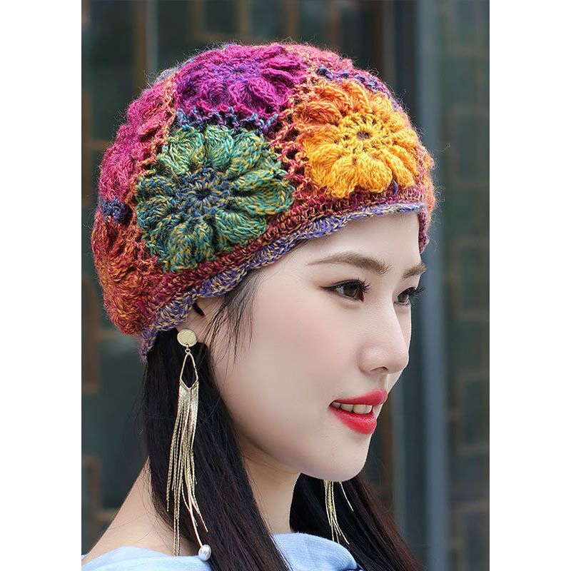 Women Orange Hollow Out Multicolor Flower Knit Bonnie Hat