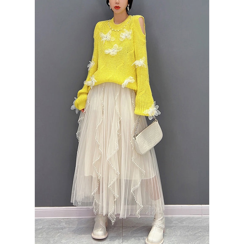 Yellow O-Neck Knit Top And Tulle Maxi Skirts Two Pieces Set Fall