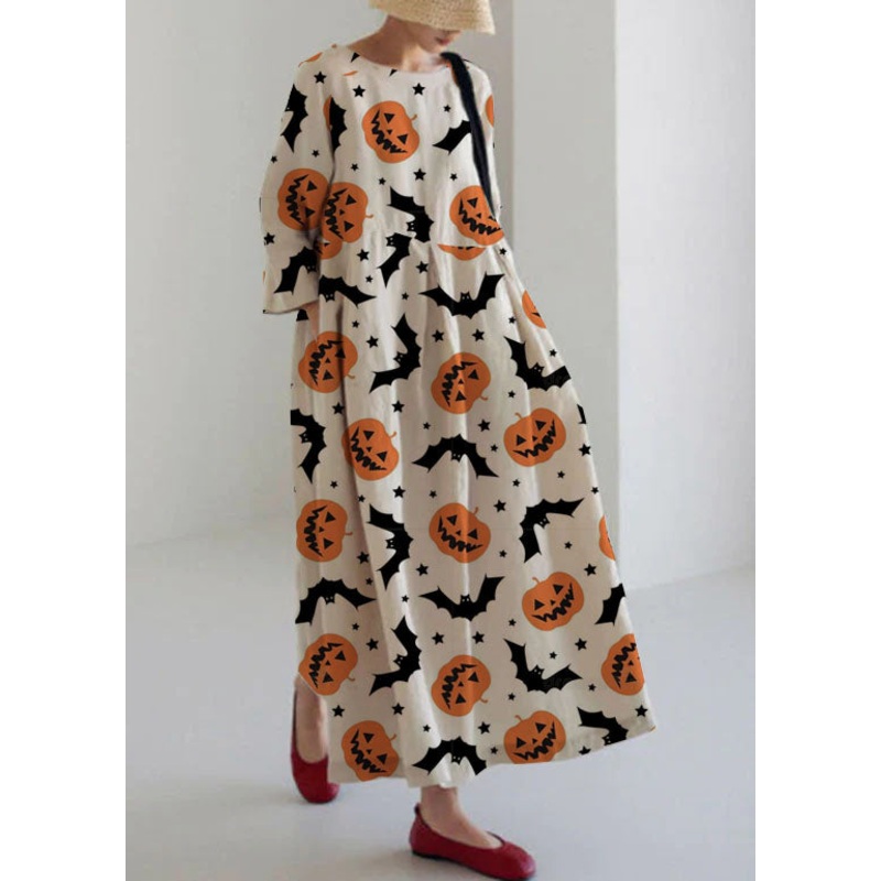Apricot-pumpkin Cotton Dresses Pockets Patchwork Fall