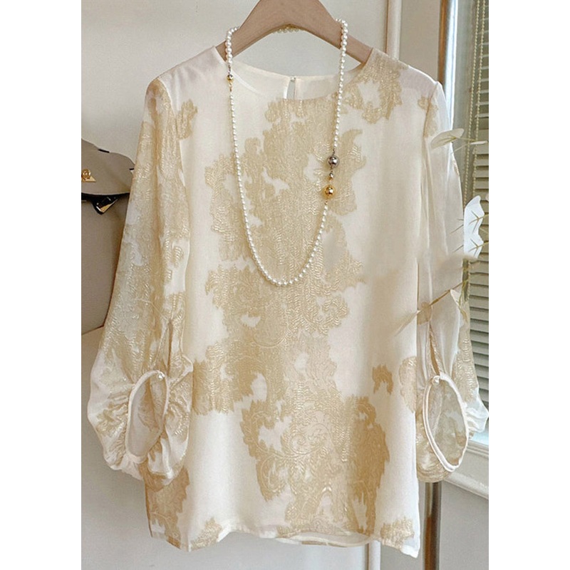 Art Apricot O-Neck Jacquard Patchwork Silk Blouses Lantern Sleeve