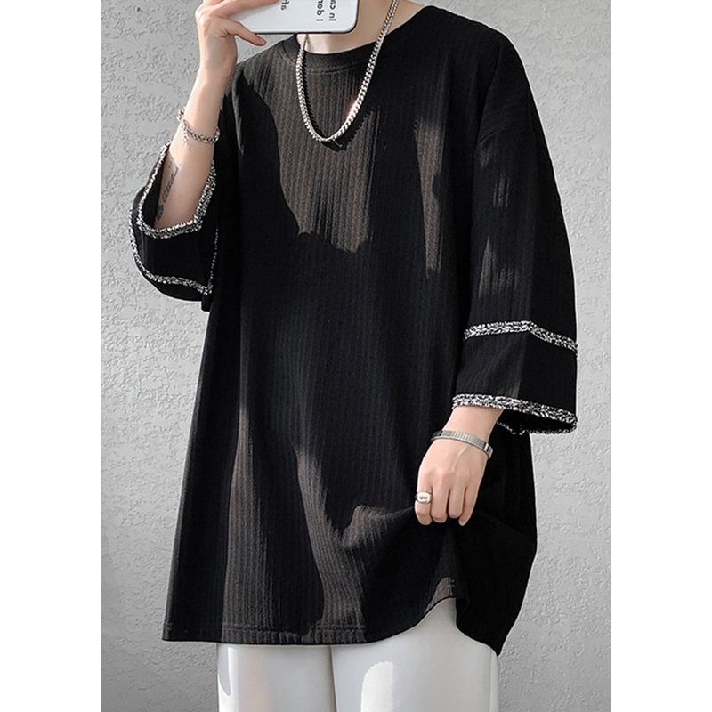 Art Black O Neck Patchwork Cotton T Shirt Tops Bracelet Sleeve