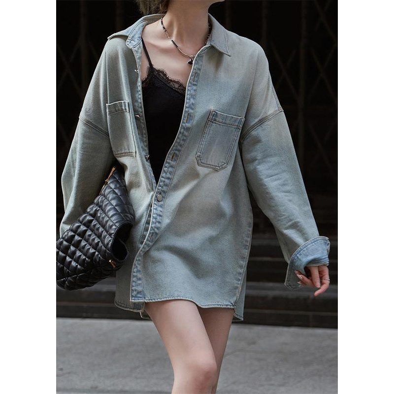 Art Blue Peter Pan Collar Patchwork Button Denim Coats Long Sleeve