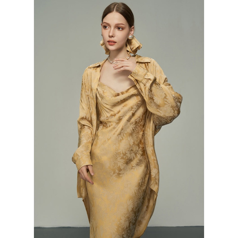 Art Gold Peter Pan Collar Jacquard Backless Lace Up Silk Shirts Fall
