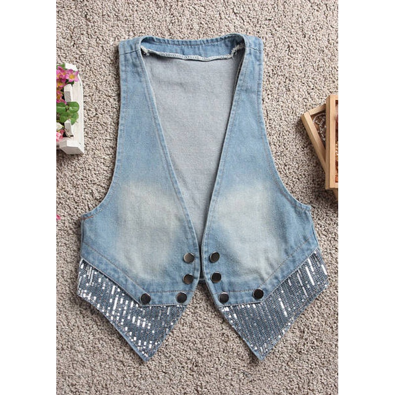 Art Light Blue V Neck Patchwork Button Denim Waistcoat Fall