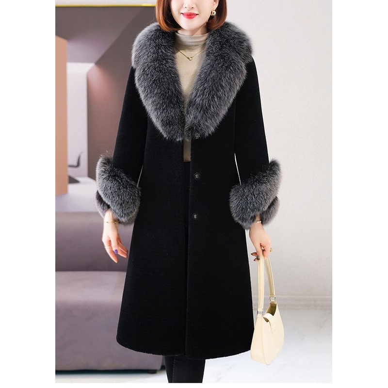 Beautiful Black V Neck Tie Waist Fuzzy Fur Long Coat Winter