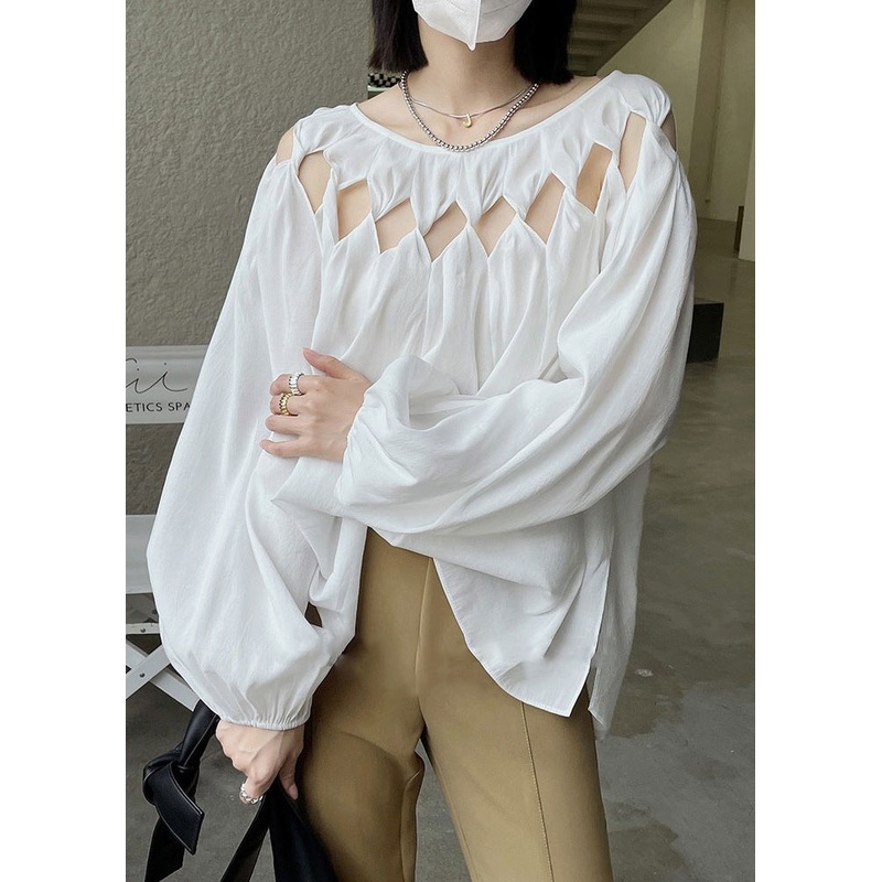 Beautiful White O Neck Hollow Out Patchwork Cotton Shirt Top Fall