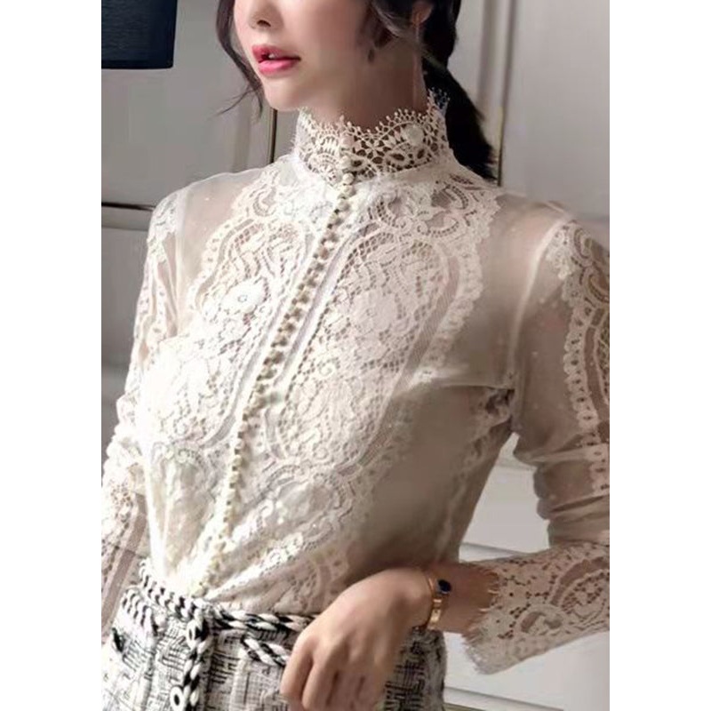 Beautiful White V Neck Pearl Button Lace Shirt Long Sleeve