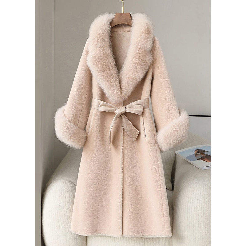 Beige Pockets Patchwork Fuzzy Fur Long Coat Fur Collar Long Sleeve