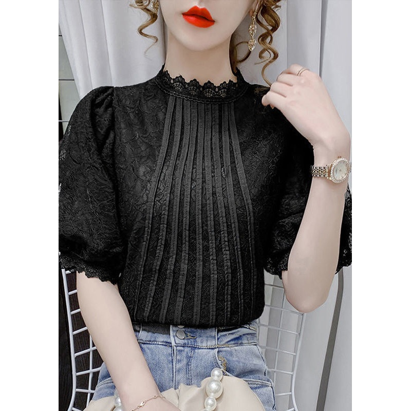 Black Patchwork Lace Tops Hollow Out Wrinkled Puff Sleeve