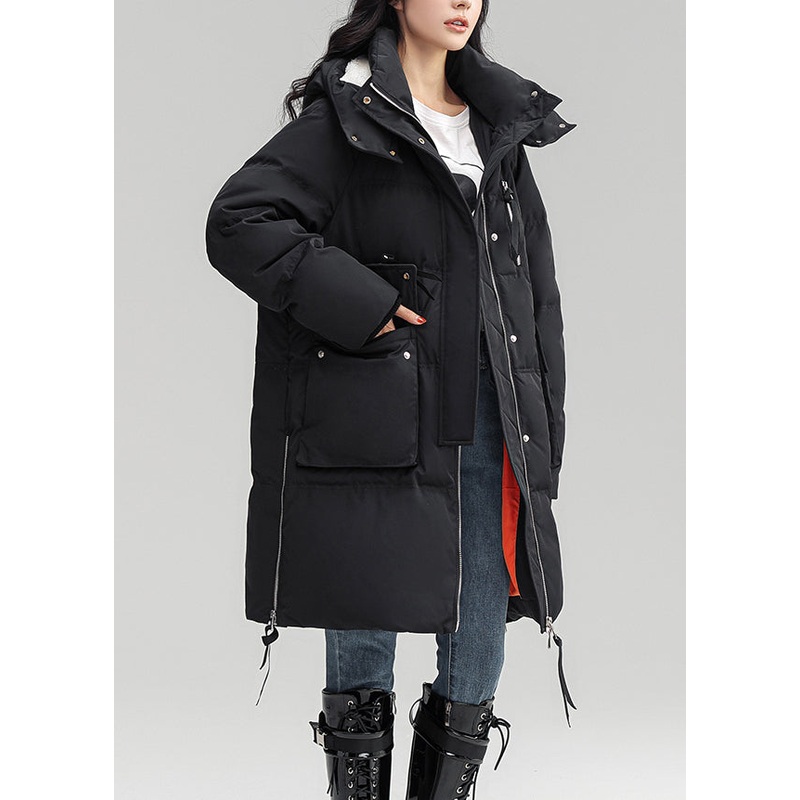 Black Pockets Patchwork Duck Down Down Coat Zip Up Long Sleeve