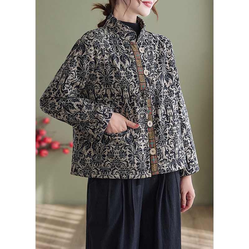 Black Stand Collar Button Cotton Filled Parka Long Sleeve