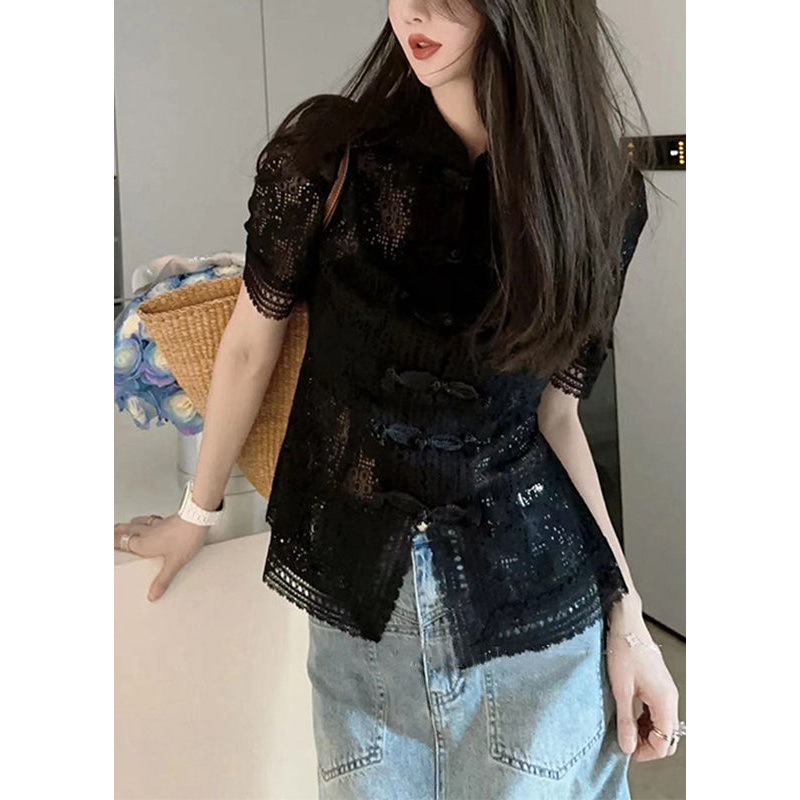 Black Stand Collar Button Lace Shirt Puff Sleeve