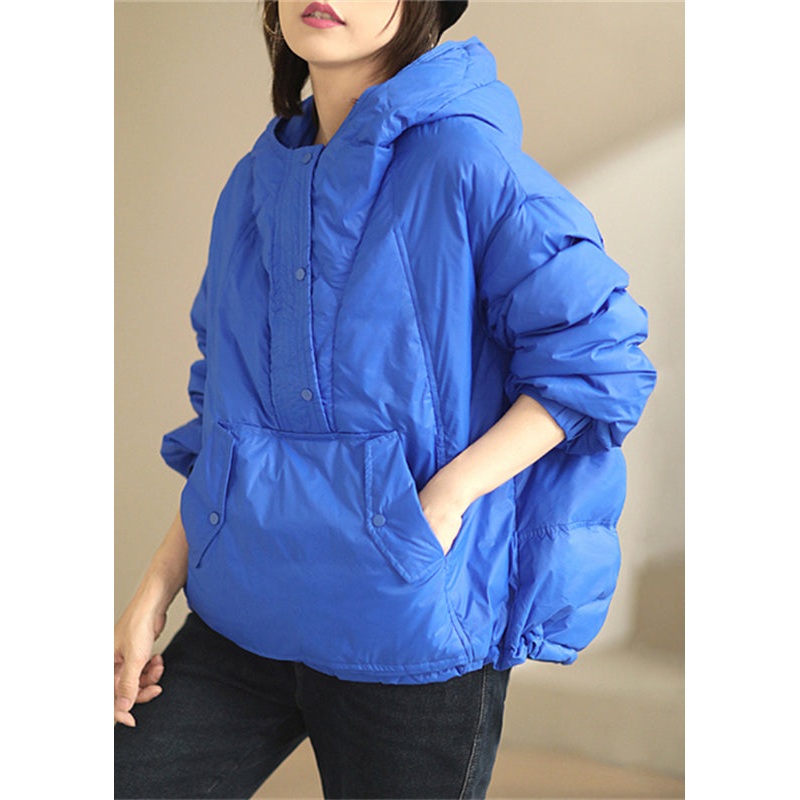 Blue Pockets Patchwork Duck Down Coat Hooded Long Sleeve