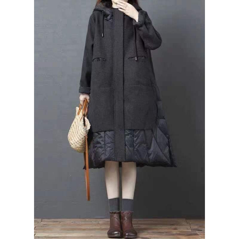 Bohemian Black Hooded Pockets Patchwork Thick Long Coat Winter