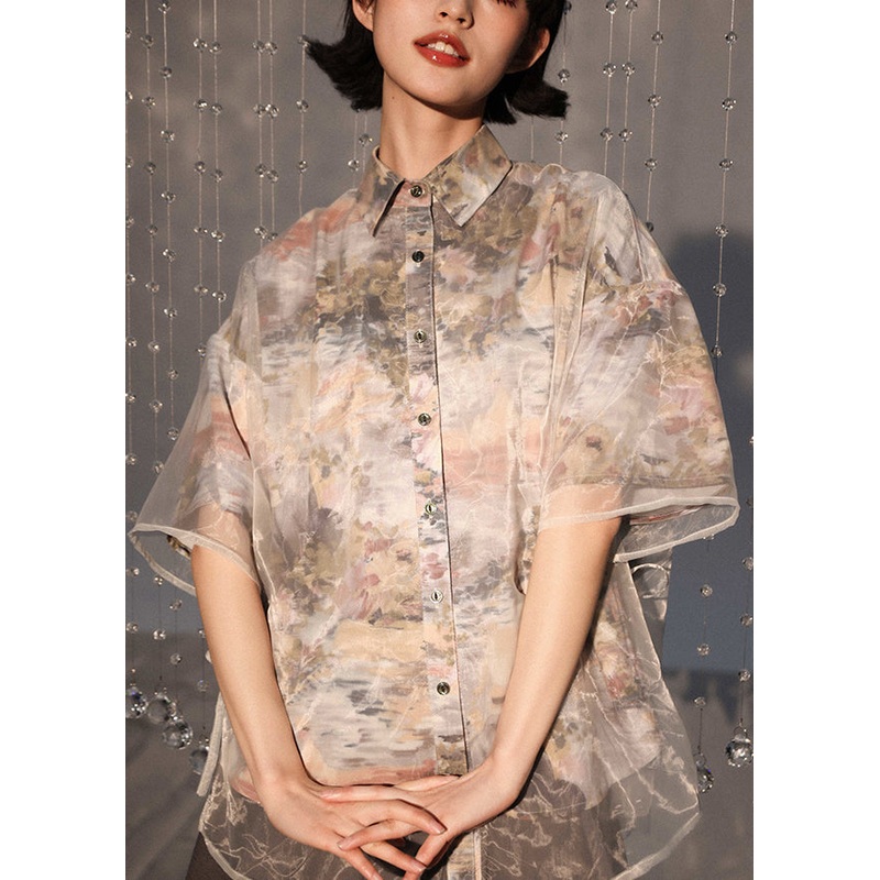 Boutique Floral Peter Pan Collar Lace Up Patchwork Organza Shirt Summer