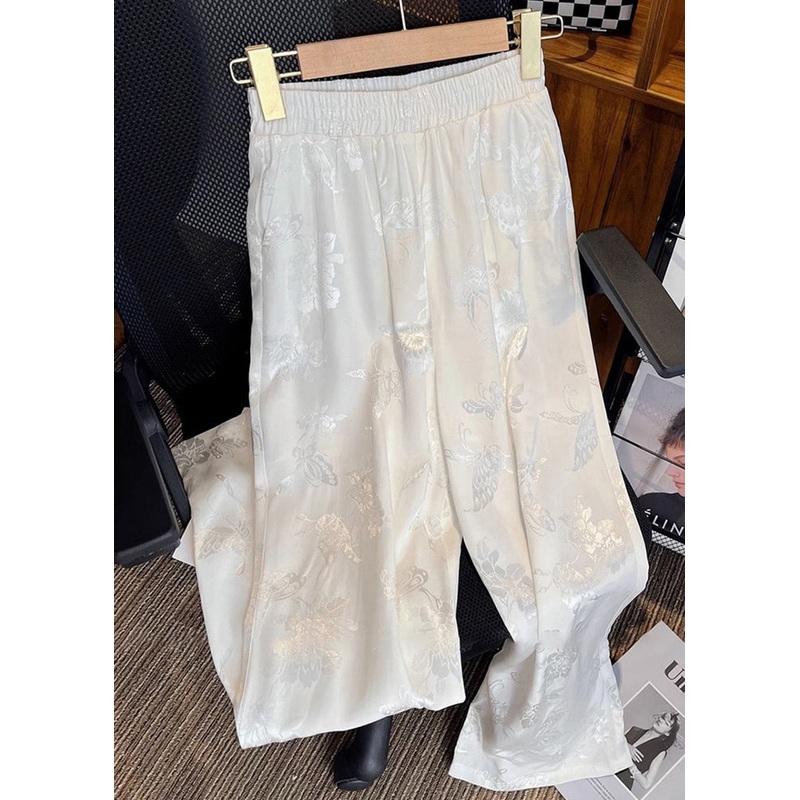 Boutique White Elastic Waist Jacquard Patchwork Silk Wide Leg Pants Summer