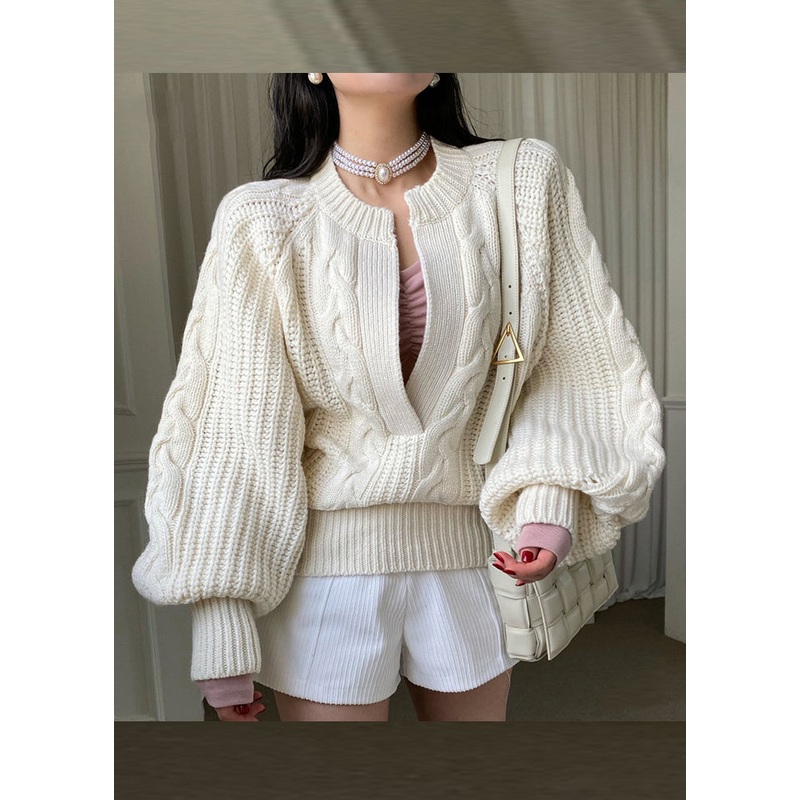 Brief White O-Neck Cozy Cable Knit Sweaters Long Sleeve
