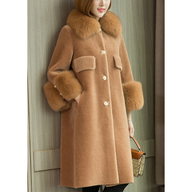 Camel Button Patchwork Teddy Faux Fur Coats Peter Pan Collar Long Sleeve