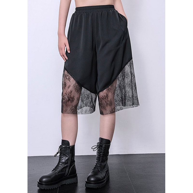 Casual Black Lace Patchwork Chiffon Crop Wide Leg Pants Summer