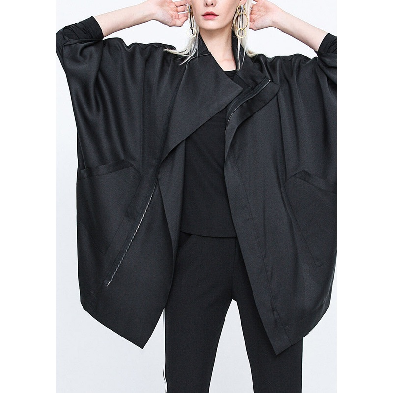 Casual Black Stand Collar Zippered Batwing Trench Coats Long Sleeve