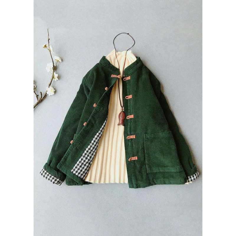 Casual Blackish Green O-Neck Pockets Thick Corduroy Parka Winter