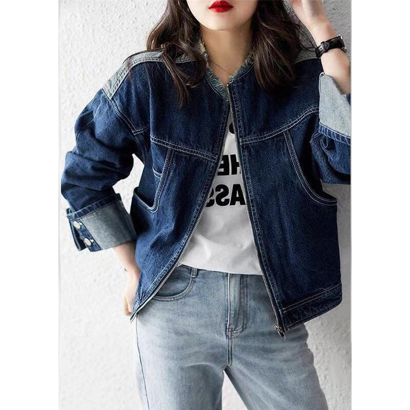 Casual Denim Blue O-Neck Zippered Patchwork Coat Long Sleeve