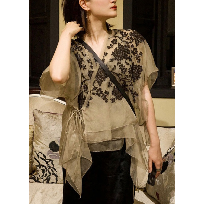 Chic Apricot V Neck Embroideried Lace Up Patchwork Organza Tops Summer