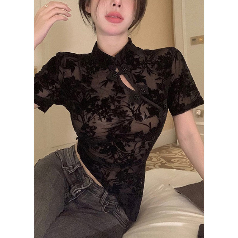 Chic Black Asymmetrical Lace Patchwork Tulle Top Short Sleeve