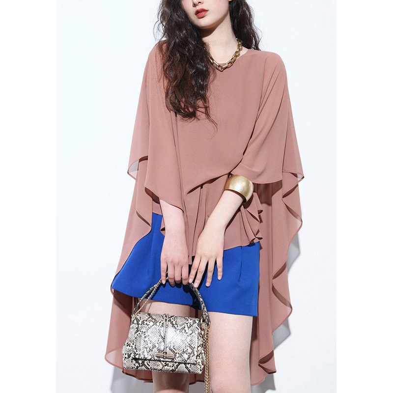 Chic Brown Patchwork Low High Design Chiffon Top Fall