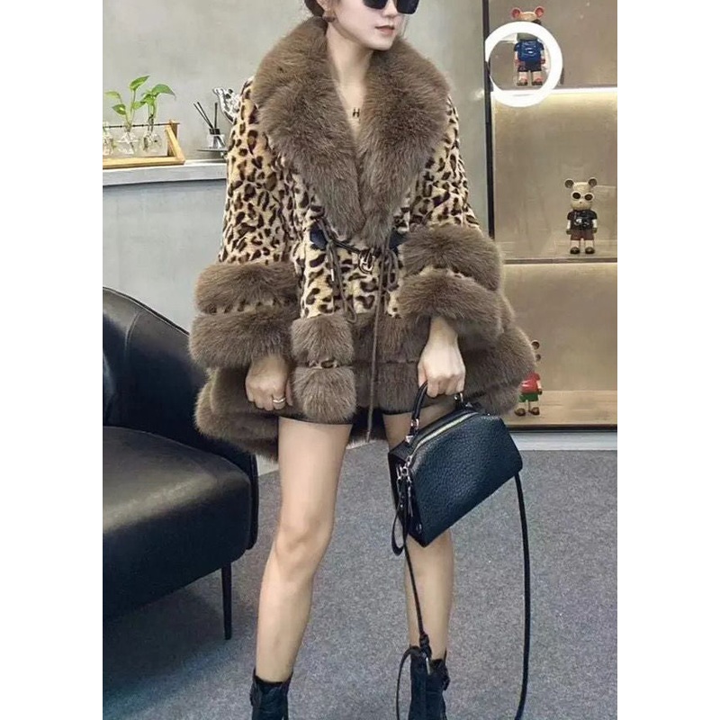 Chic Leopard Peter Pan Collar Drawstring Patchwork Fuzzy Fur Fluffy Coats Winter