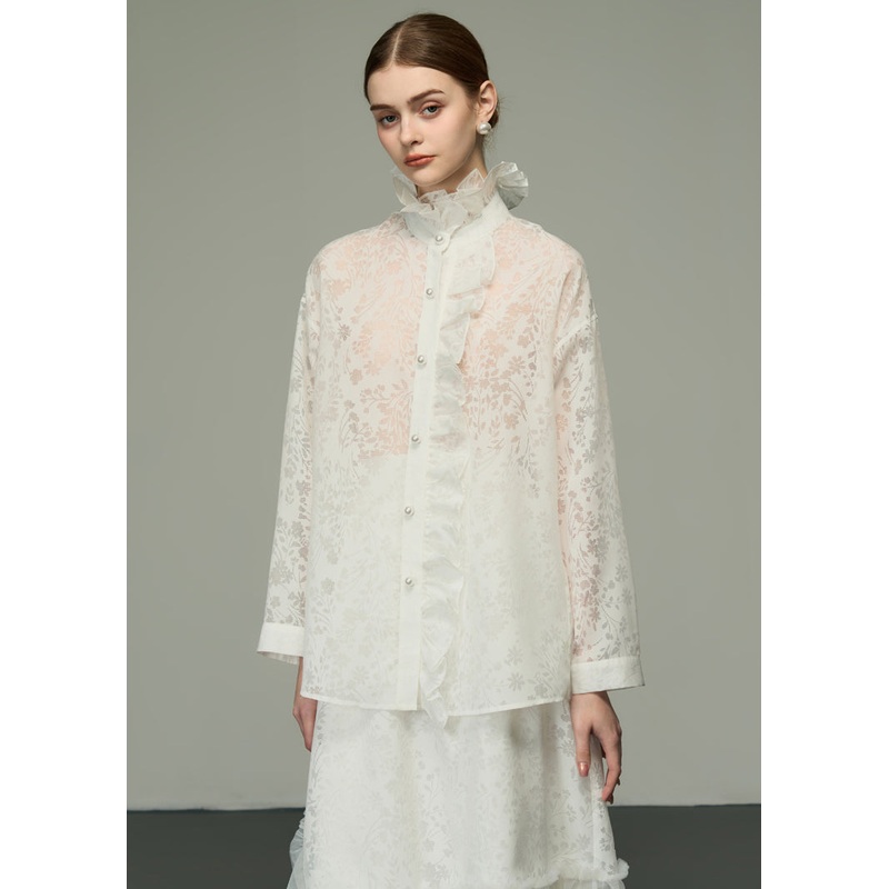 Chic White Ruffled Jacquard Patchwork Silk Shirts Tops Long Sleeve
