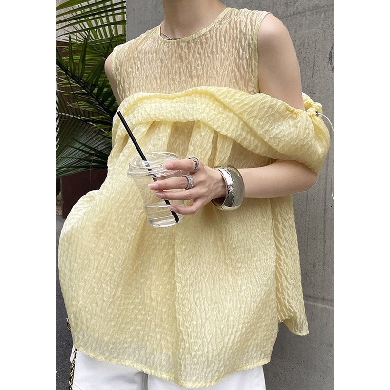 Chic Yellow Drawstring Off The Shoulder Silk Shirt Top Summer
