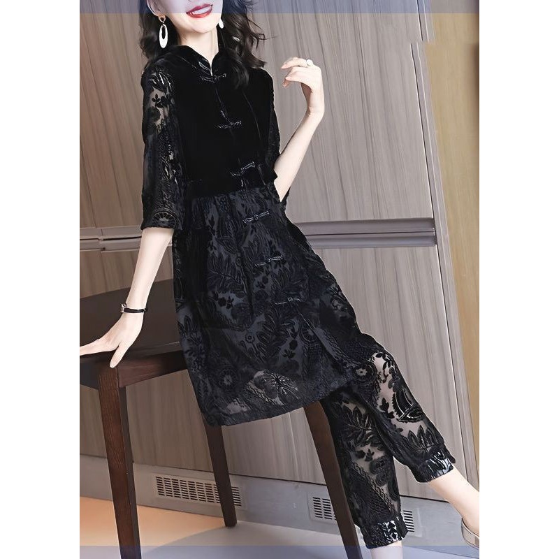 Chinese Style Black Stand Collar Asymmetrical Lace Dress And Crop Pants Two Piece Set Fall