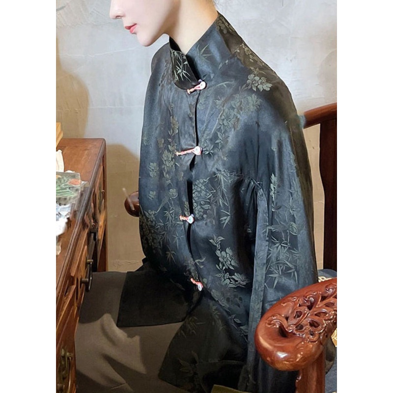 Chinese Style Black Stand Collar Print Patchwork Silk Shirts Fall