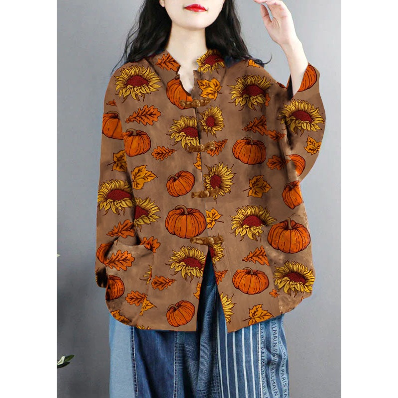 Chinese Style Brown-pumpkin Print Pockets Button Patchwork Cotton Coats Long Sleeve
