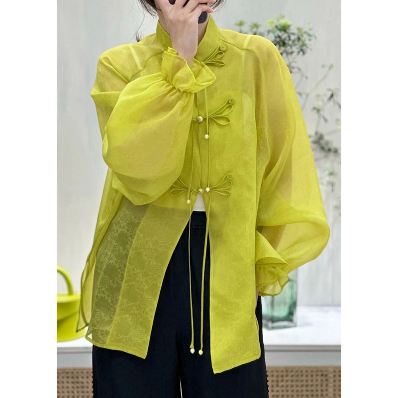 Chinese Style Green Button Tasseled Patchwork Silk Shirt Top Fall