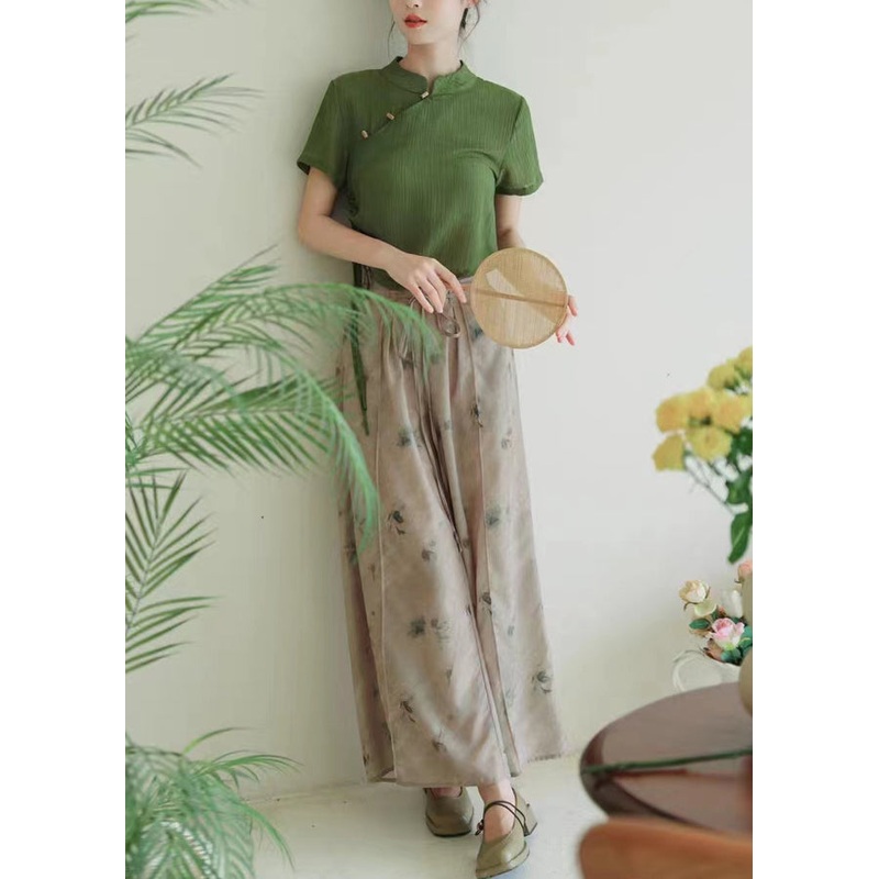 Chinese Style Green Stand Collar Tops And Pants Cotton Two Pieces Set Summer