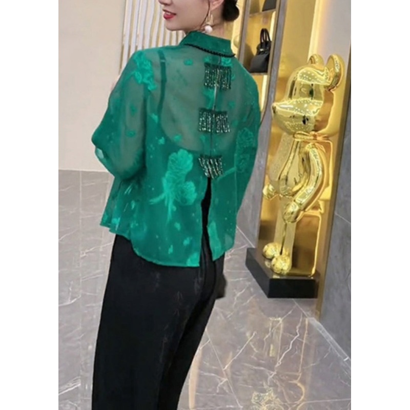 Chinese Style Green Tasseled Button Patchwork Tulle Shirt Top Fall