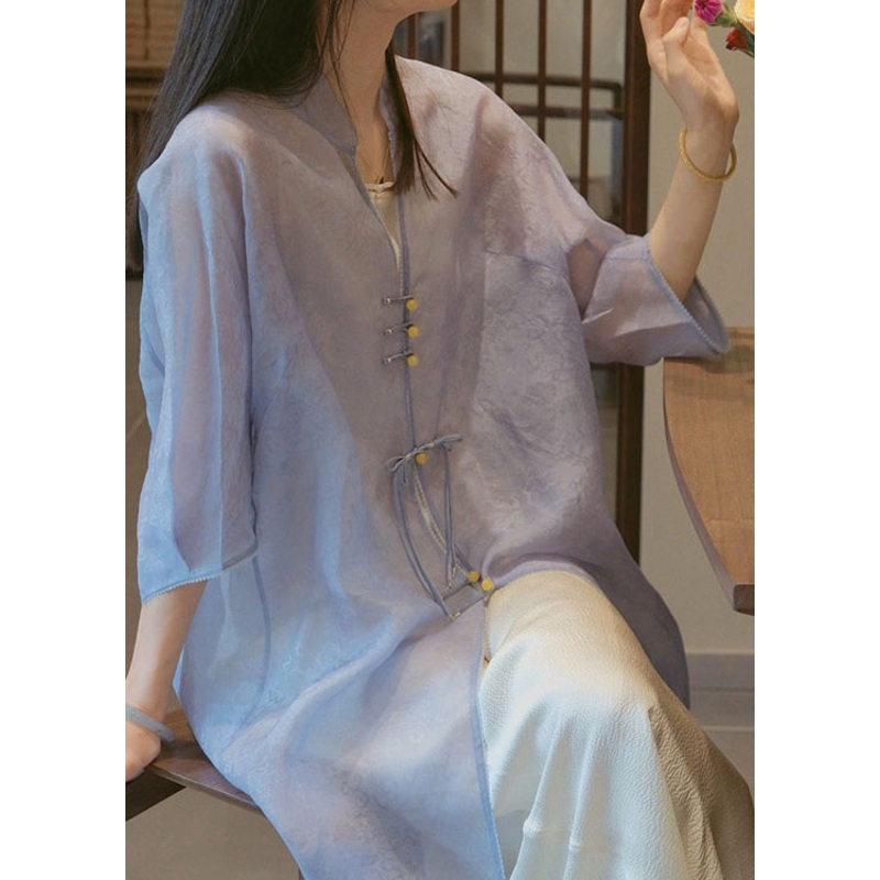 Chinese Style Purple Tasseled Button Silk Two Pieces Set Fall