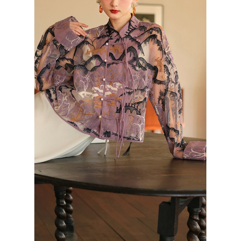 Chinese Style Purple Tasseled Embroideried Patchwork Tulle Coats Fall