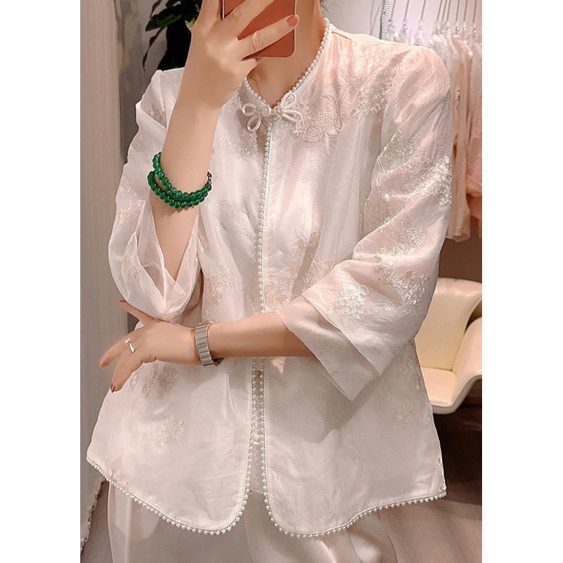 Chinese Style White Embroideried Patchwork Silk Shirt Summer