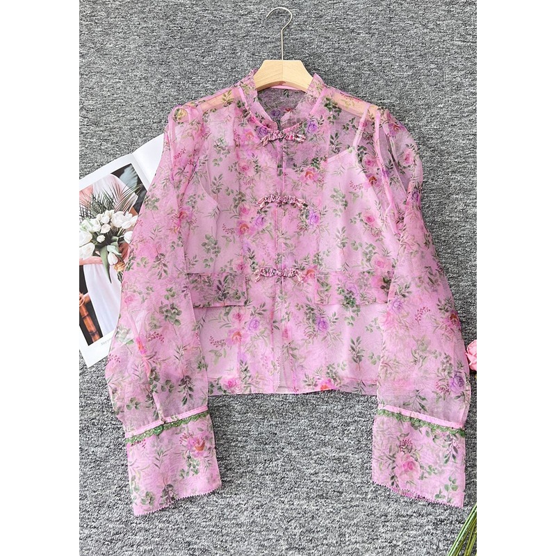 Cute Pink O-Neck Print Patchwork Organza Shirts Long Sleeve