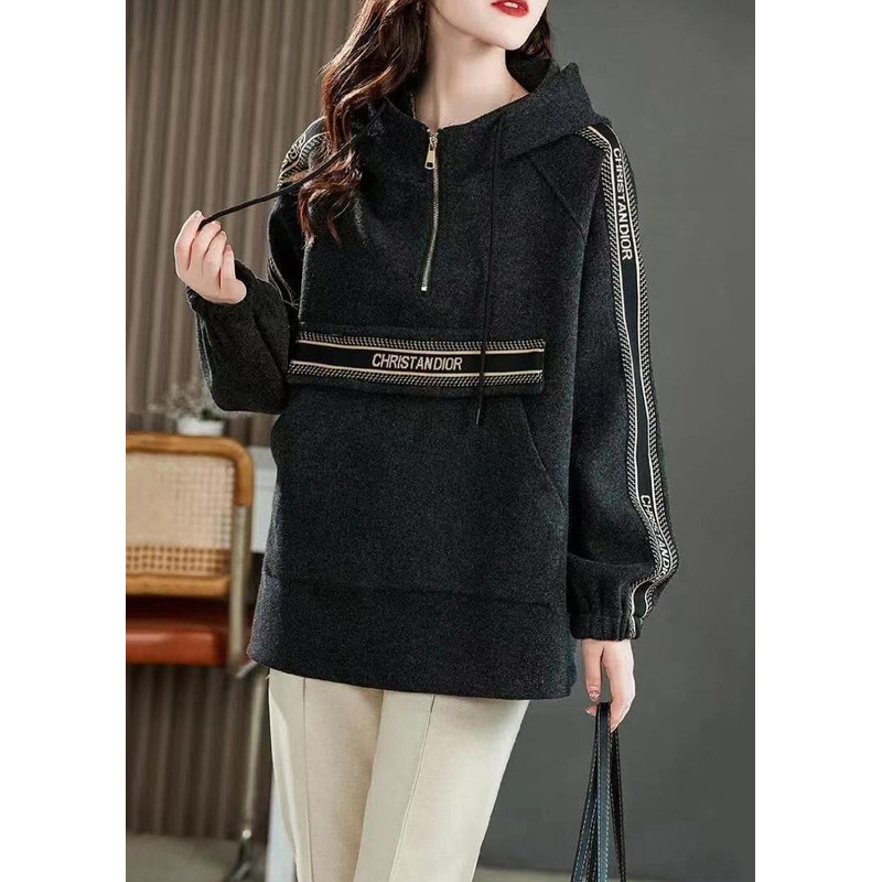 Dark Grey  Drawstring Patchwork Cotton Sweatshirt Zip Up Fall