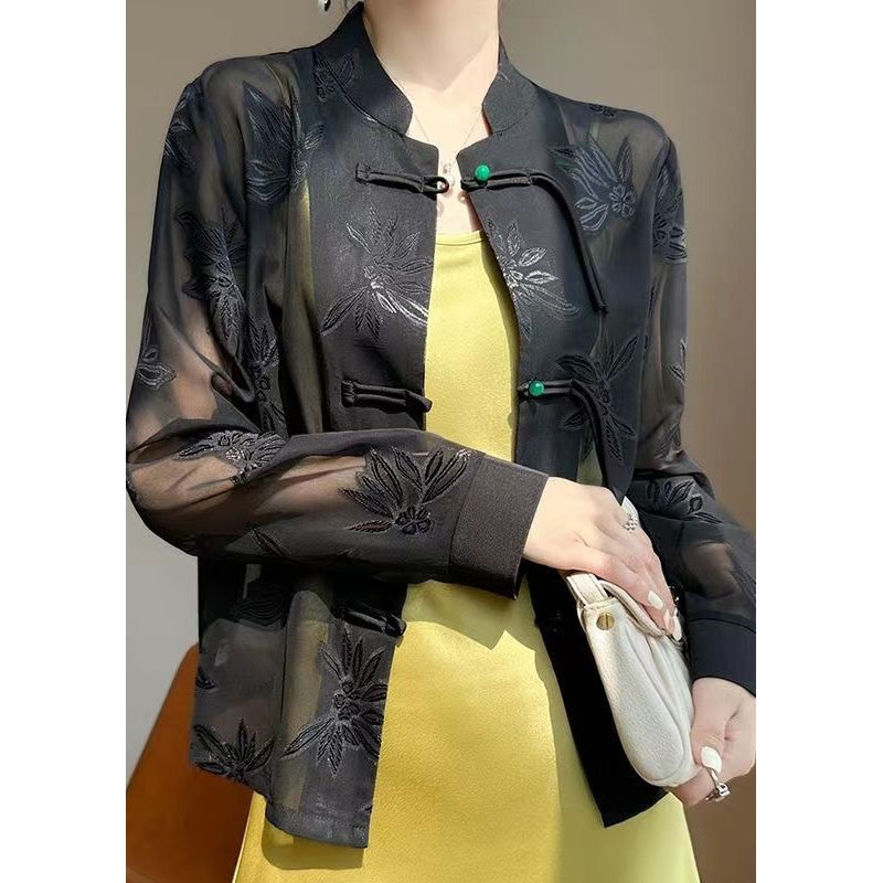 DIY Black Stand Collar Hollow Out Tassel Tulle Coats Long Sleeve