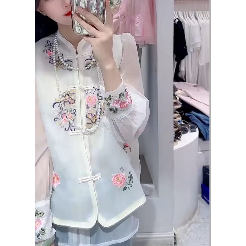 DIY White Embroideried Button Chiffon Waistcoat And Shirts Two Piece Set