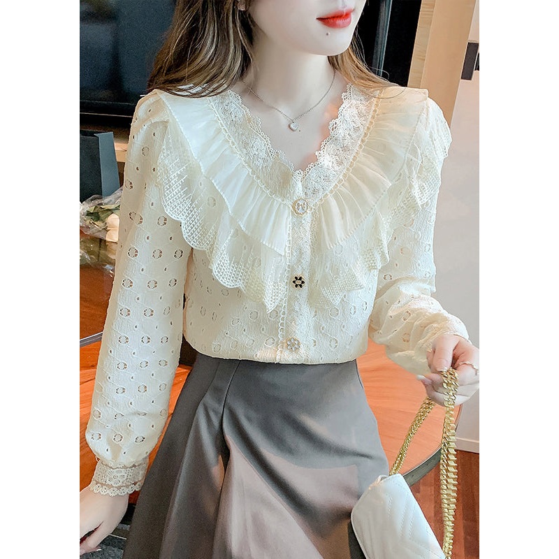 Elegant Apricot Ruffled Hollow Out Patchwork Lace Shirts Fall
