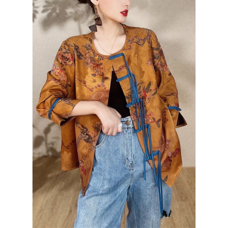 Elegant Gold Print Button Silk Coats Bracelet Sleeve