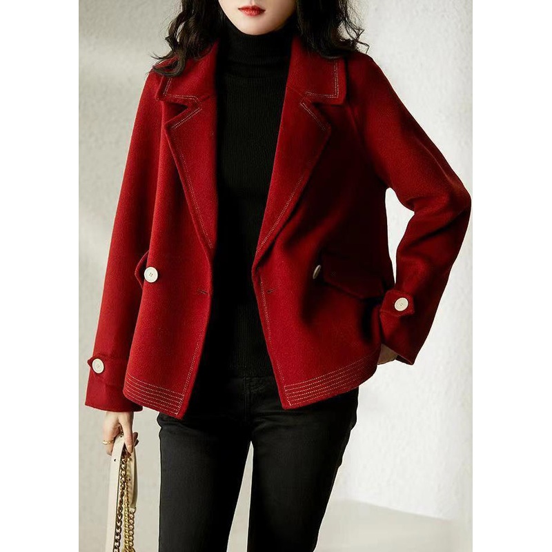 Elegant Wine Red Peter Pan Collar Button Patchwork Woolen Coats Fall