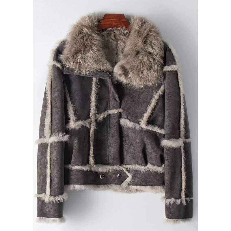 Fashion Dark Grey Zippered Patchwork Leather And Fur Coat Winter