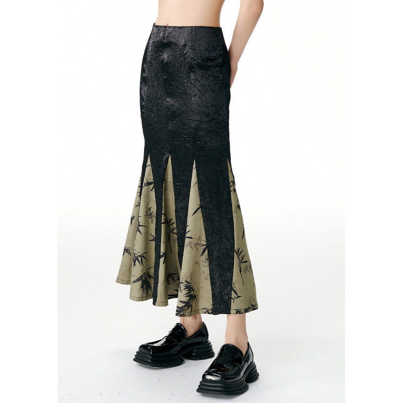 Fitted Black Wrinkled Print Patchwork Cotton Skirts Fall
